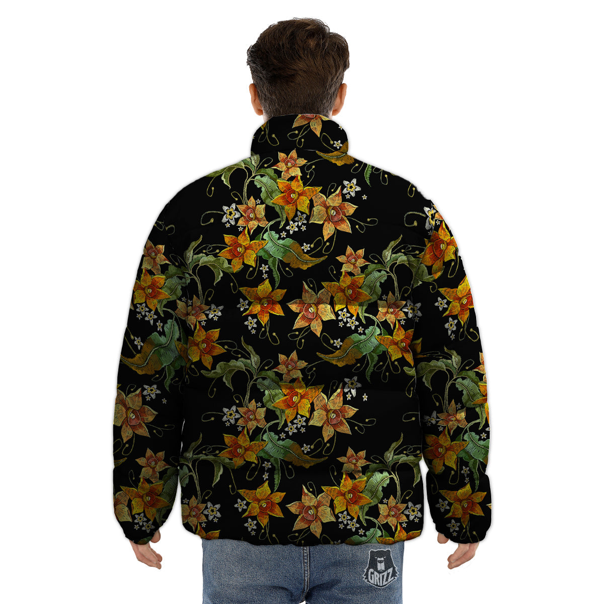 Flower Daffodil Vintage Print Pattern Puffer Jacket-grizzshop