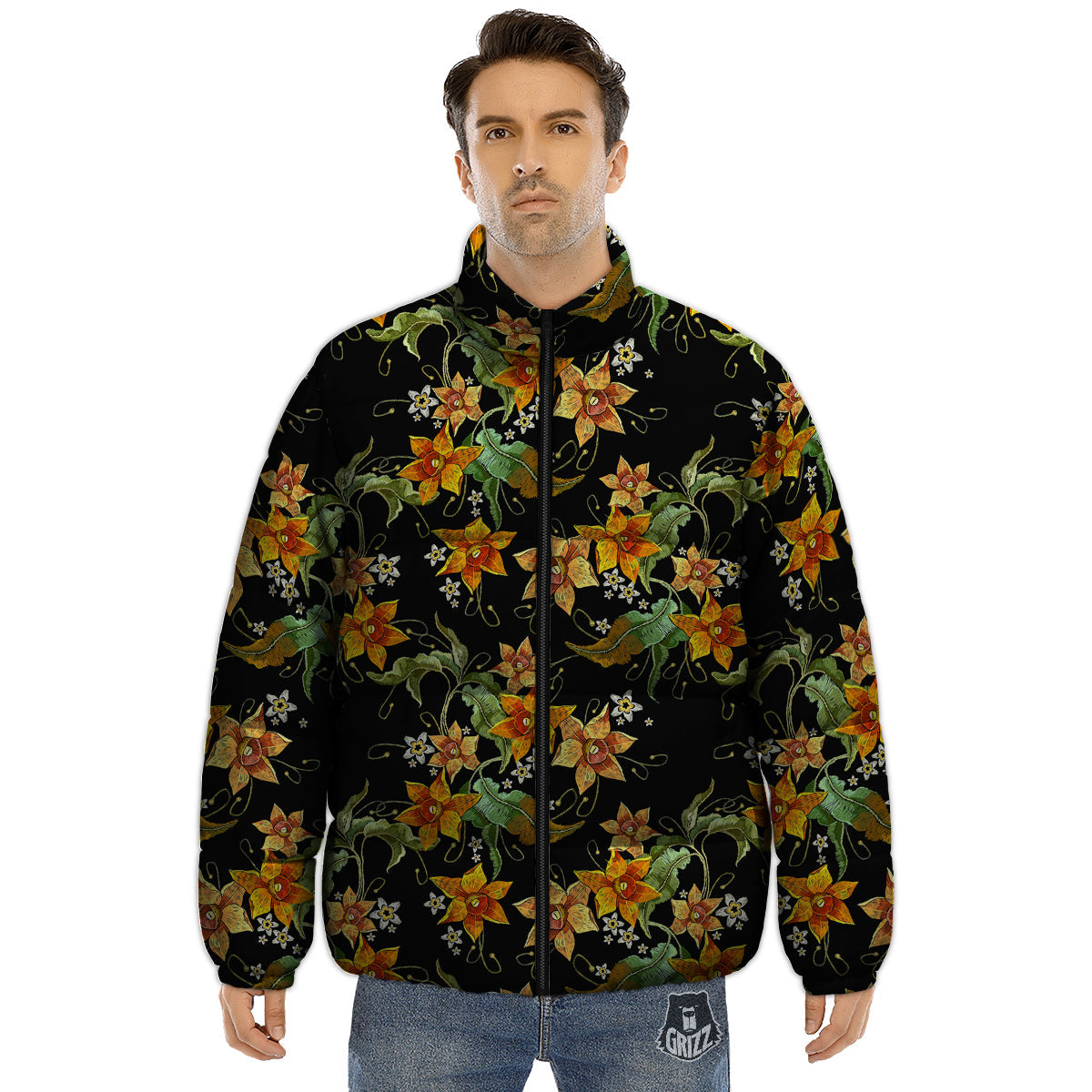 Flower Daffodil Vintage Print Pattern Puffer Jacket-grizzshop