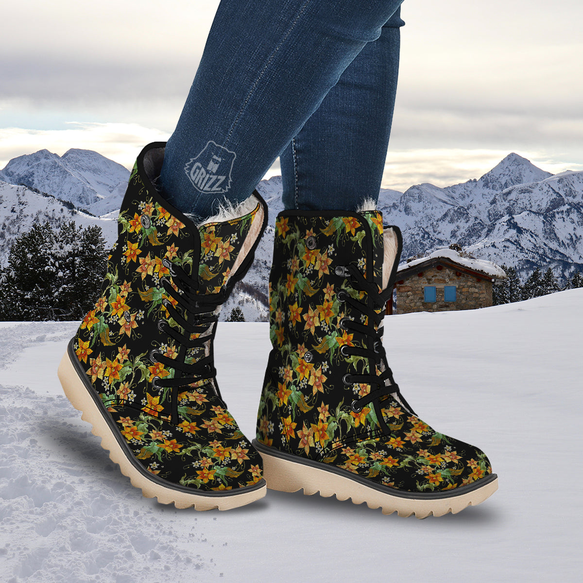 Flower Daffodil Vintage Print Pattern Snow Boots-grizzshop