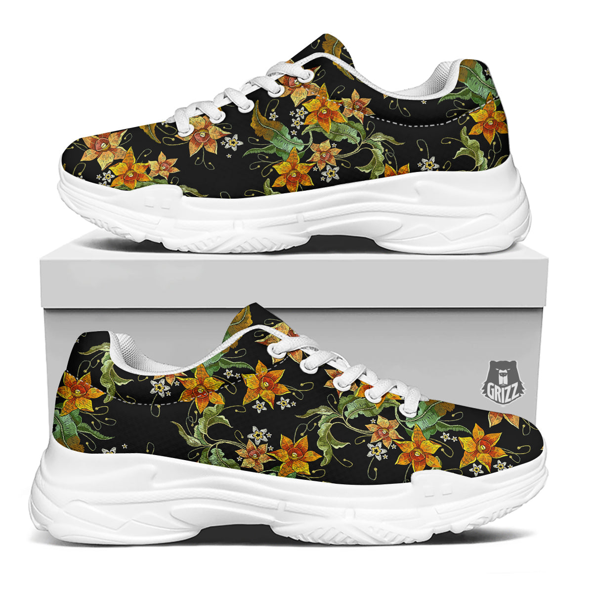 Flower Daffodil Vintage Print Pattern White Chunky Shoes-grizzshop