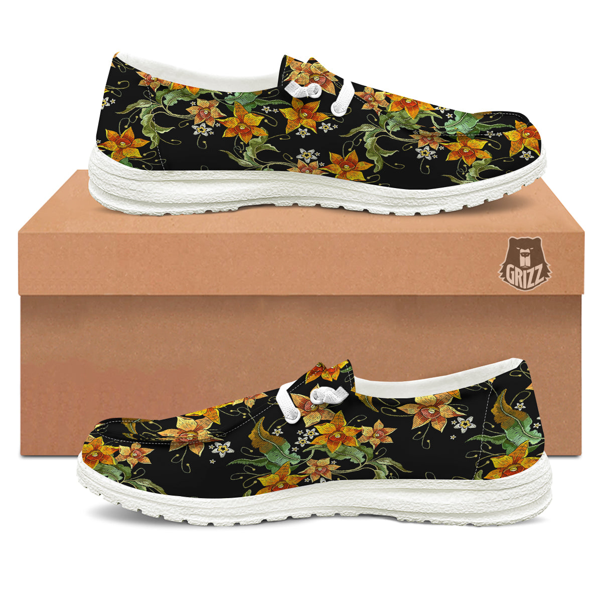 Flower Daffodil Vintage Print Pattern White Loafers-grizzshop