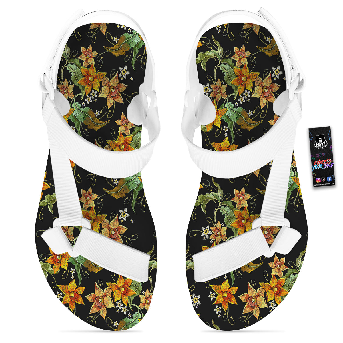 Flower Daffodil Vintage Print Pattern White Open Toe Sandals-grizzshop