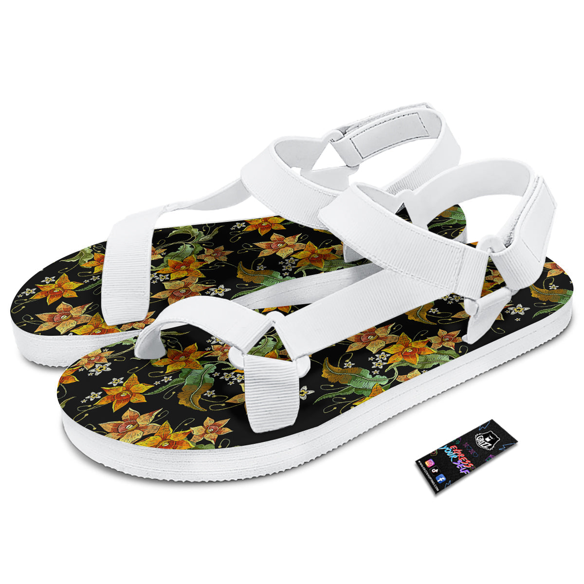 Flower Daffodil Vintage Print Pattern White Open Toe Sandals-grizzshop