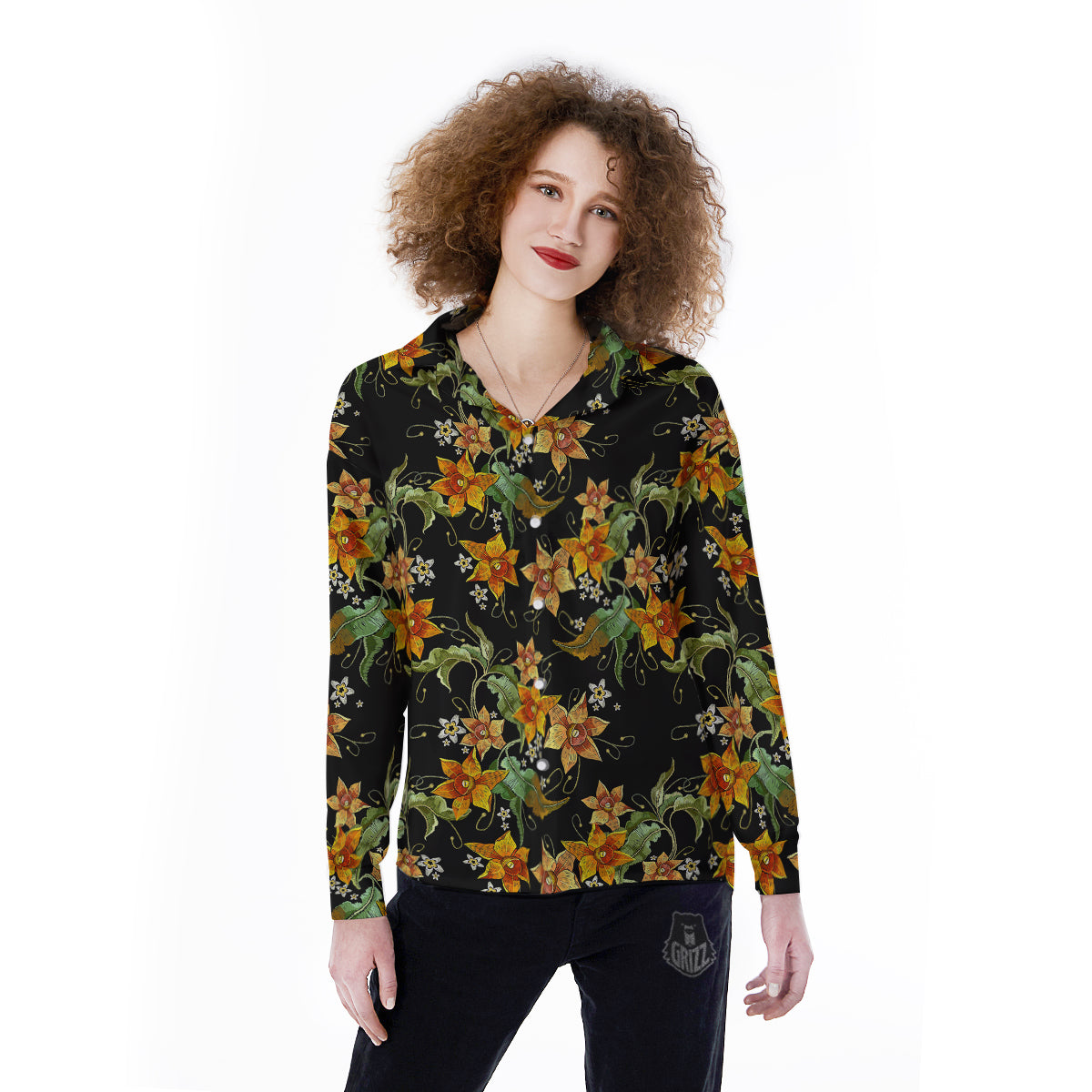 Flower Daffodil Vintage Print Pattern Women's Long Sleeve Shirts-grizzshop