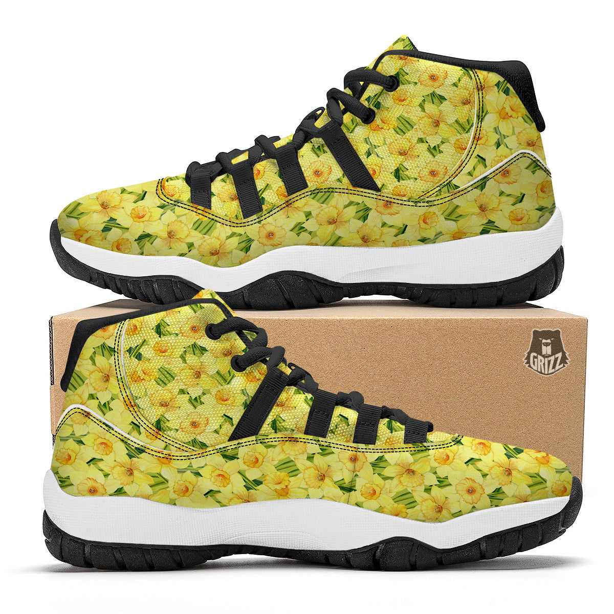 Flower Daffodil Watercolor Print Pattern Black Bball Shoes-grizzshop