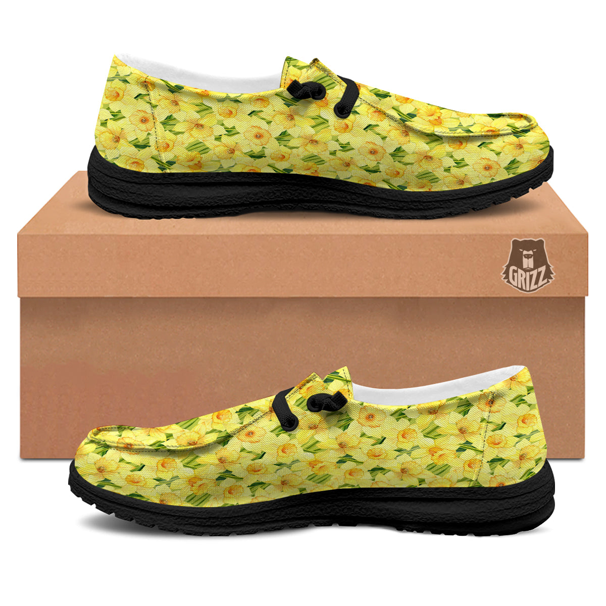 Flower Daffodil Watercolor Print Pattern Black Loafers-grizzshop