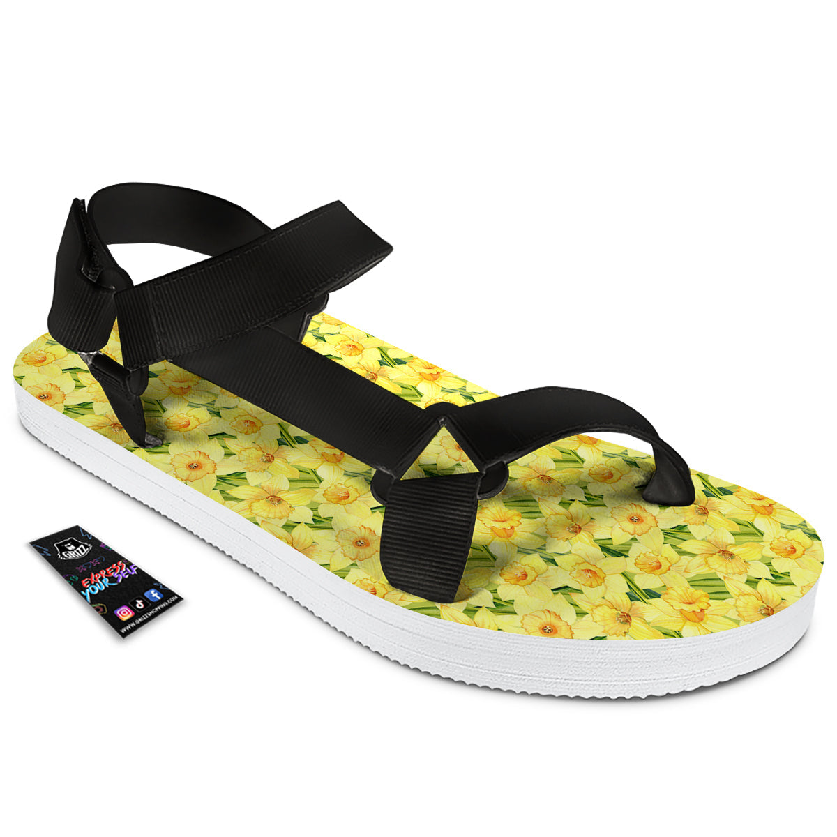 Flower Daffodil Watercolor Print Pattern Black Open Toe Sandals-grizzshop