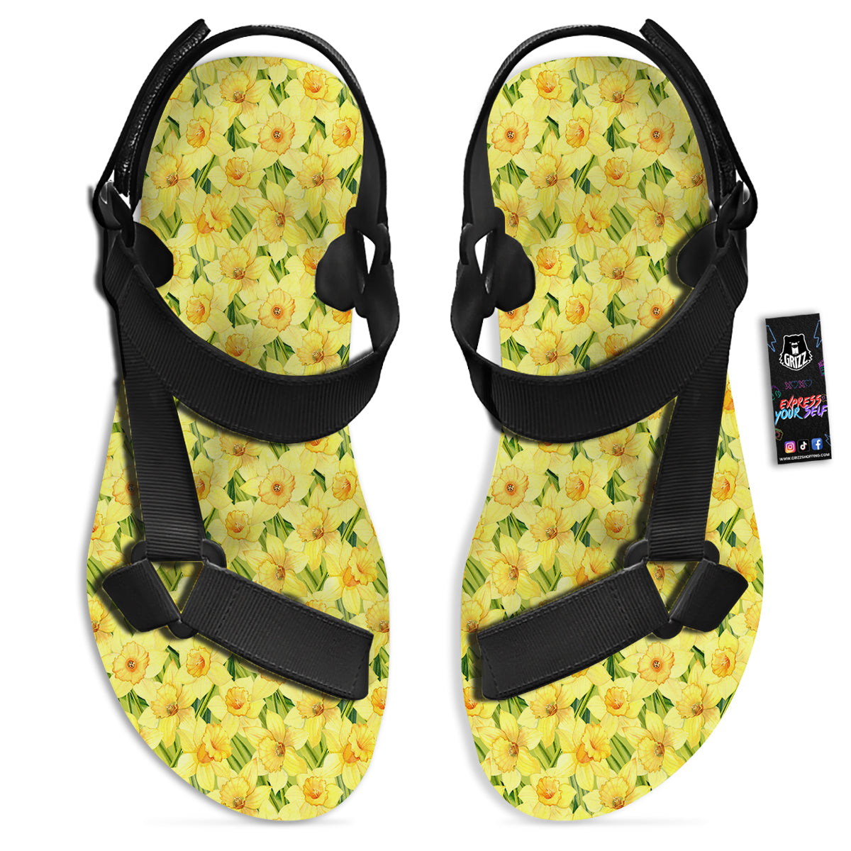 Flower Daffodil Watercolor Print Pattern Black Open Toe Sandals-grizzshop