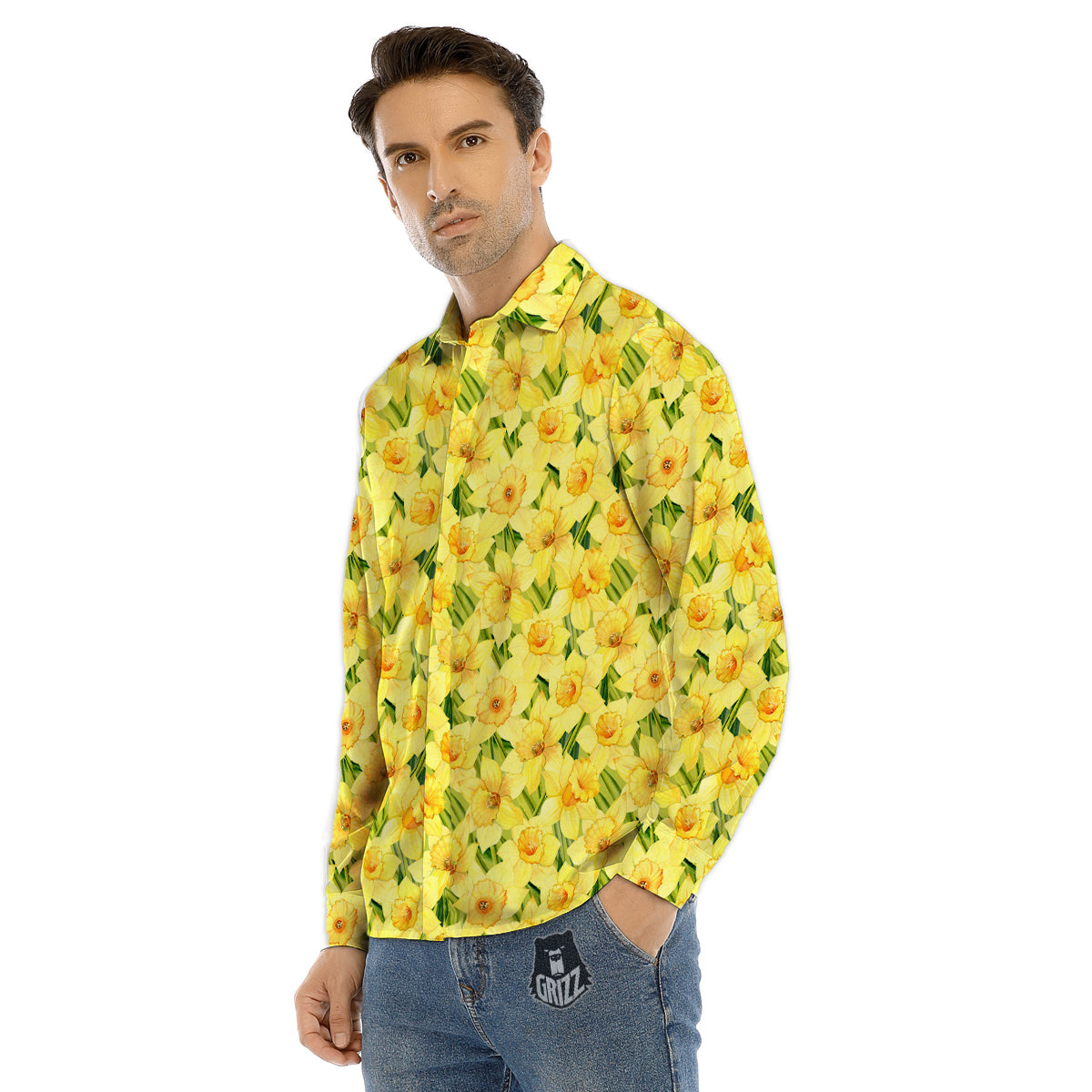 Flower Daffodil Watercolor Print Pattern Men's Dress Shirts-grizzshop