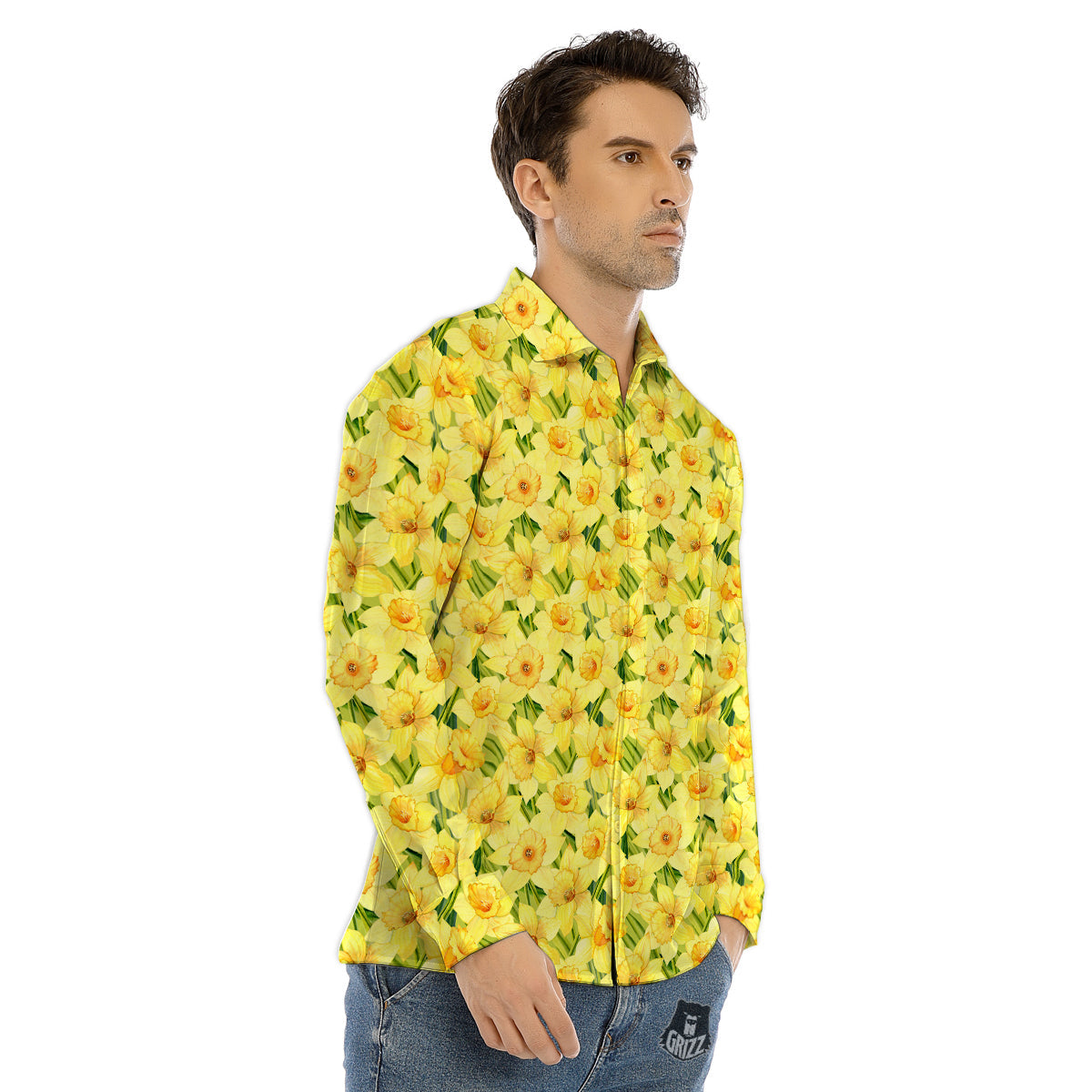 Flower Daffodil Watercolor Print Pattern Men's Dress Shirts-grizzshop