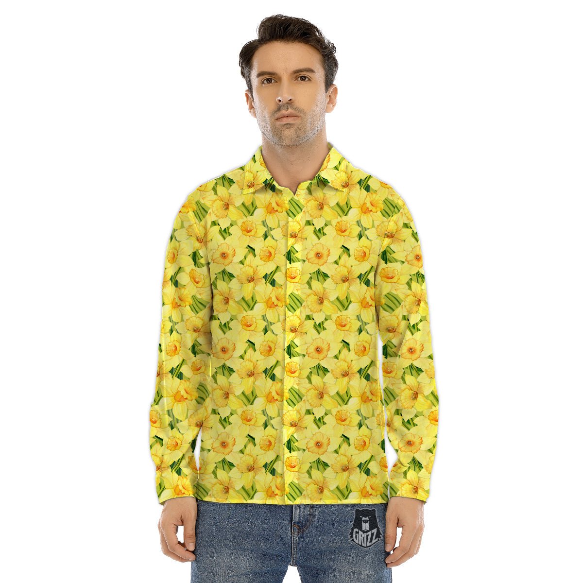 Flower Daffodil Watercolor Print Pattern Men's Dress Shirts-grizzshop