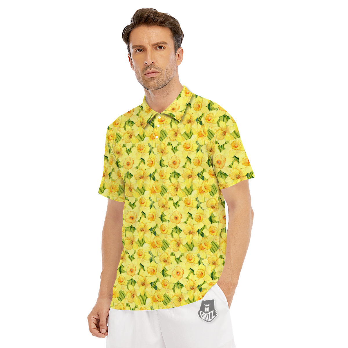 Flower Daffodil Watercolor Print Pattern Men's Golf Shirts-grizzshop
