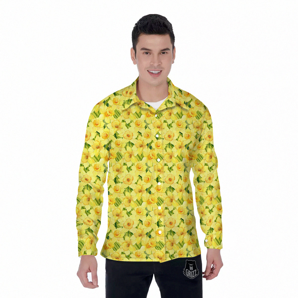 Flower Daffodil Watercolor Print Pattern Men's Long Sleeve Shirts-grizzshop