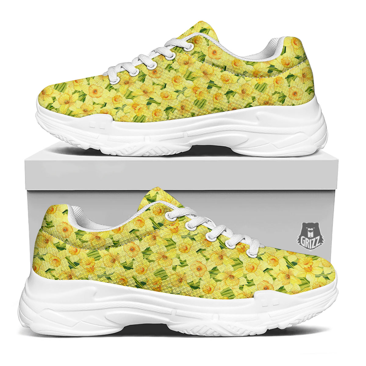 Flower Daffodil Watercolor Print Pattern White Chunky Shoes-grizzshop