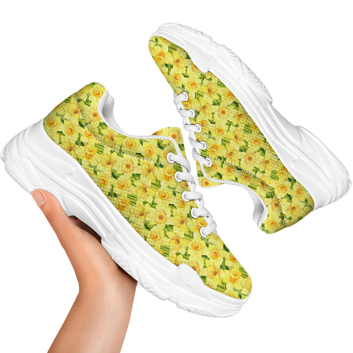 Flower Daffodil Watercolor Print Pattern White Chunky Shoes-grizzshop