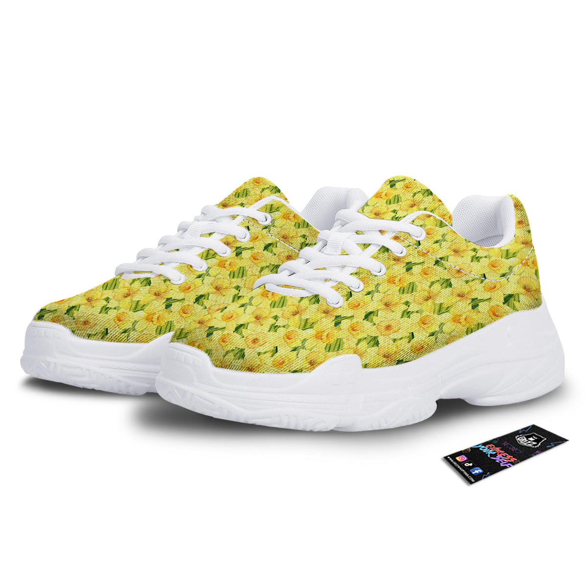 Flower Daffodil Watercolor Print Pattern White Chunky Shoes-grizzshop