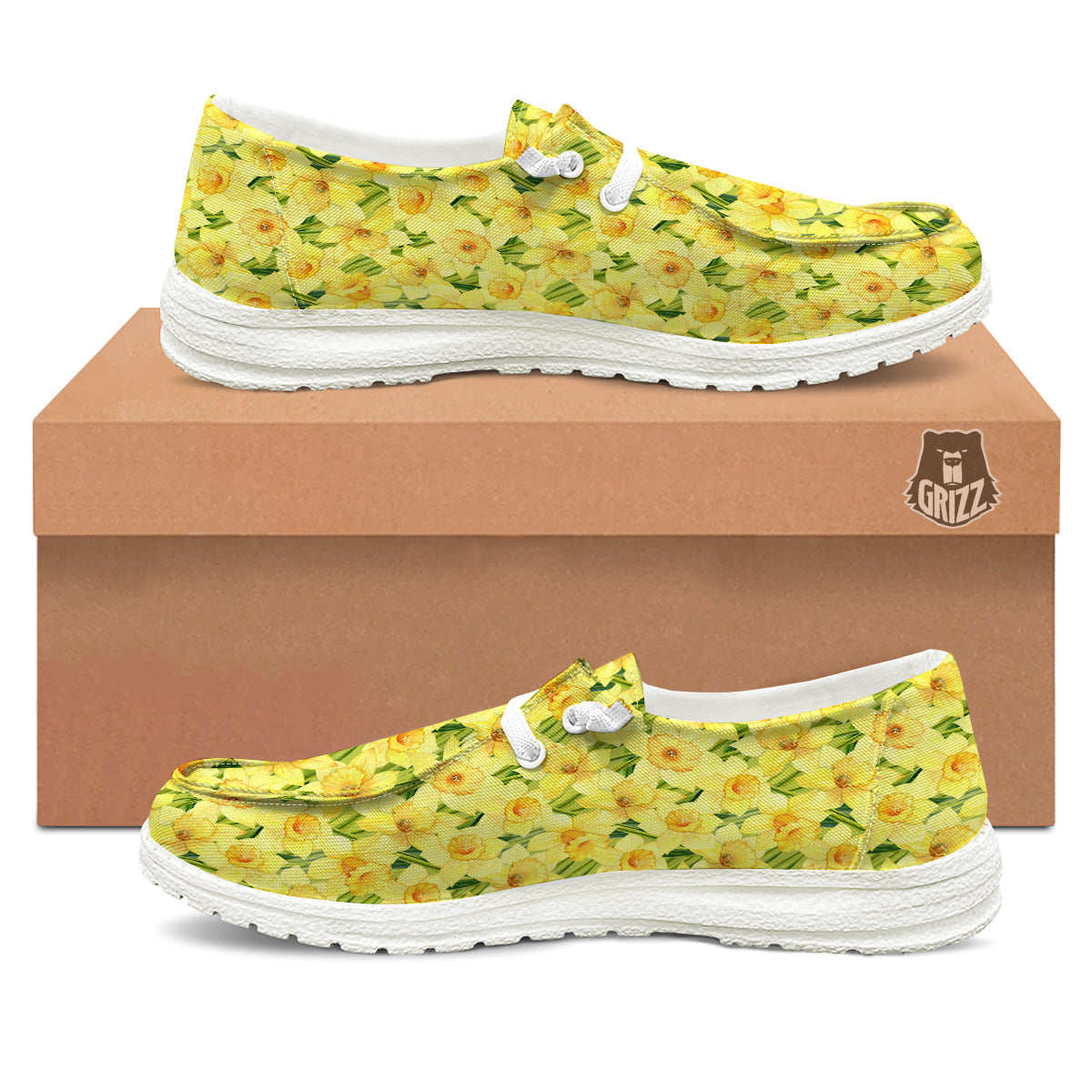 Flower Daffodil Watercolor Print Pattern White Loafers-grizzshop