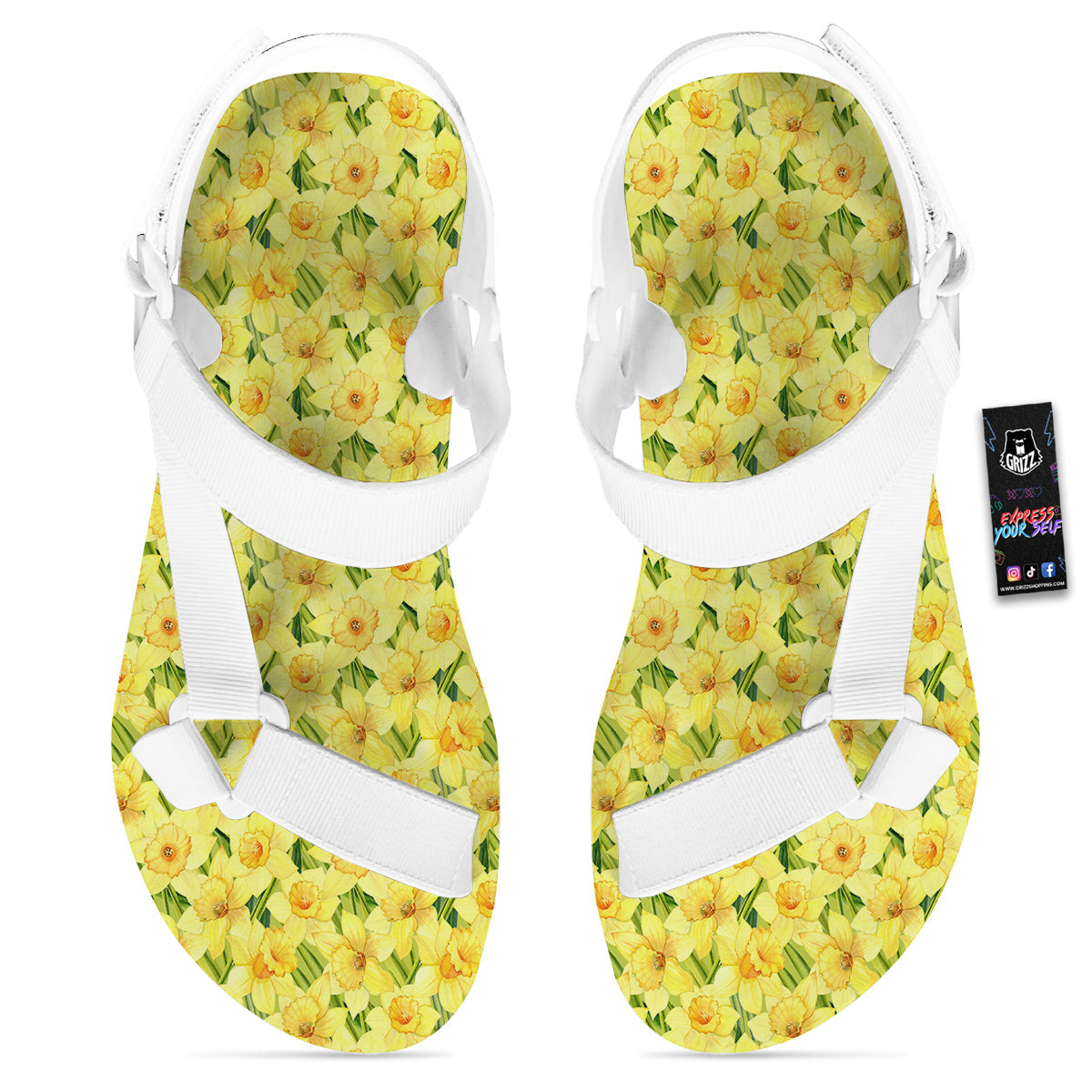 Flower Daffodil Watercolor Print Pattern White Open Toe Sandals-grizzshop