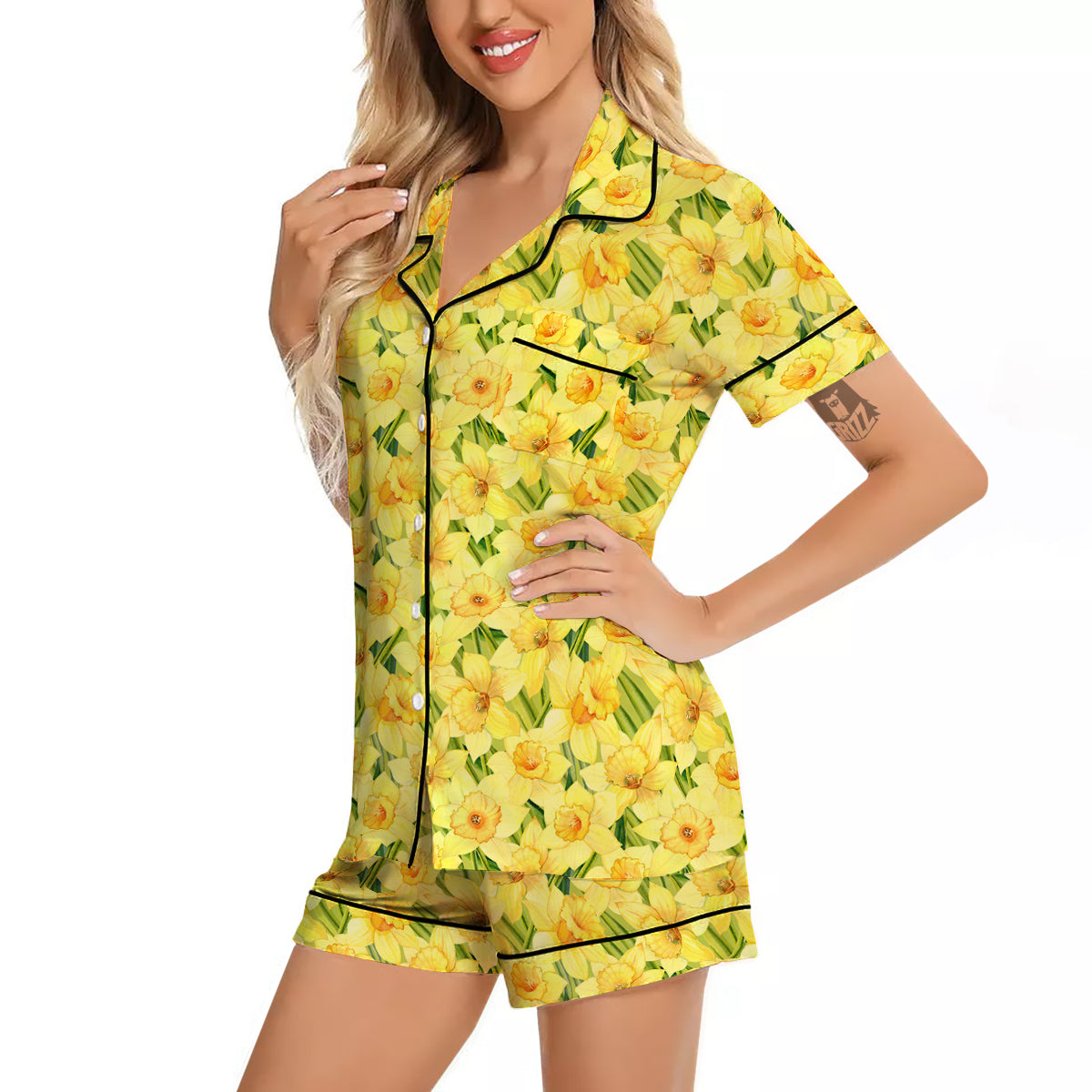 Flower Daffodil Watercolor Print Pattern Women Silk Pajamas-grizzshop