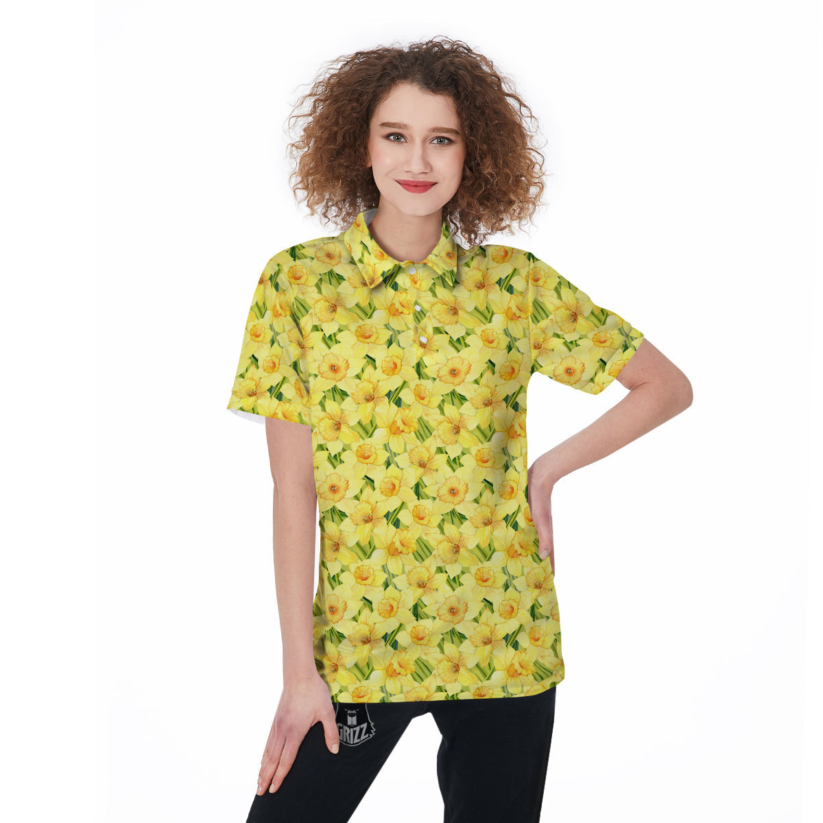 Flower Daffodil Watercolor Print Pattern Women's Golf Shirts-grizzshop