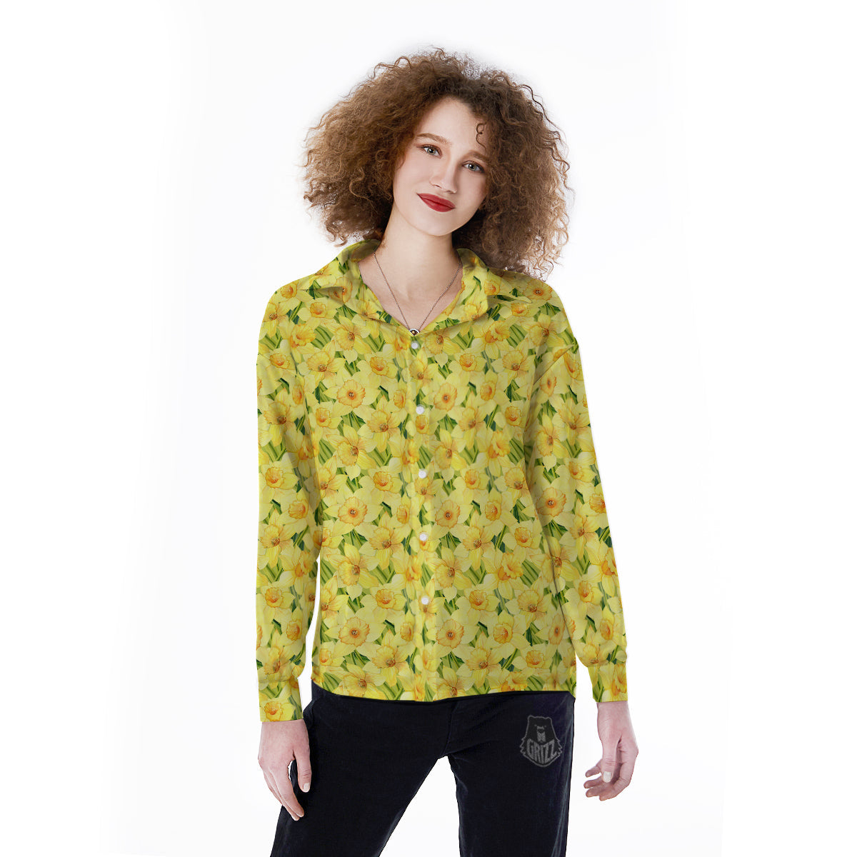 Flower Daffodil Watercolor Print Pattern Women's Long Sleeve Shirts-grizzshop