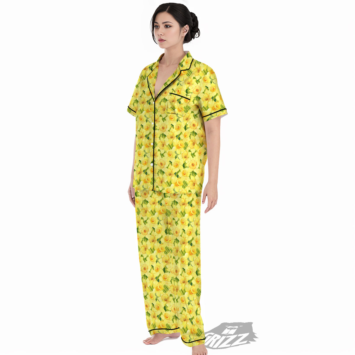 Flower Daffodil Watercolor Print Pattern Women's Pajamas Set-grizzshop