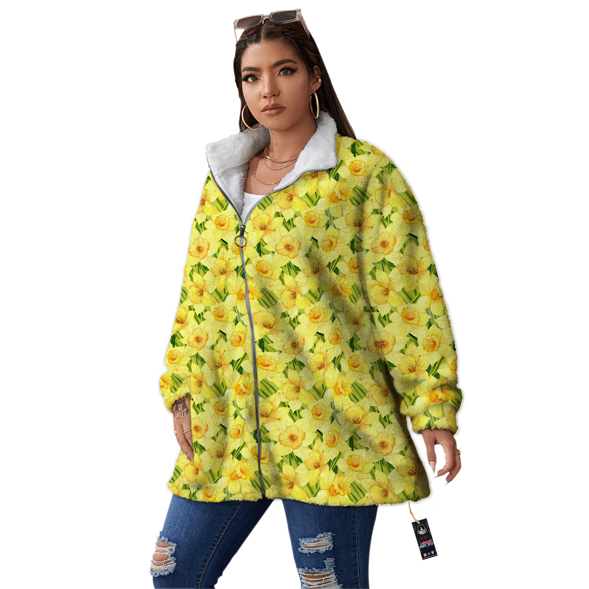 Flower Daffodil Watercolor Print Pattern Women's Sherpa Jacket-grizzshop
