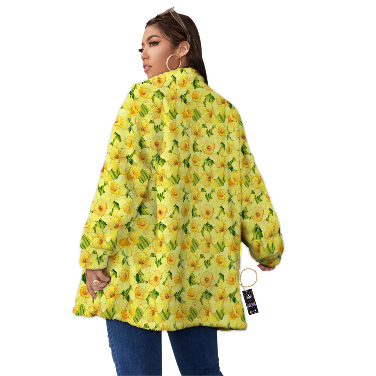 Flower Daffodil Watercolor Print Pattern Women's Sherpa Jacket-grizzshop