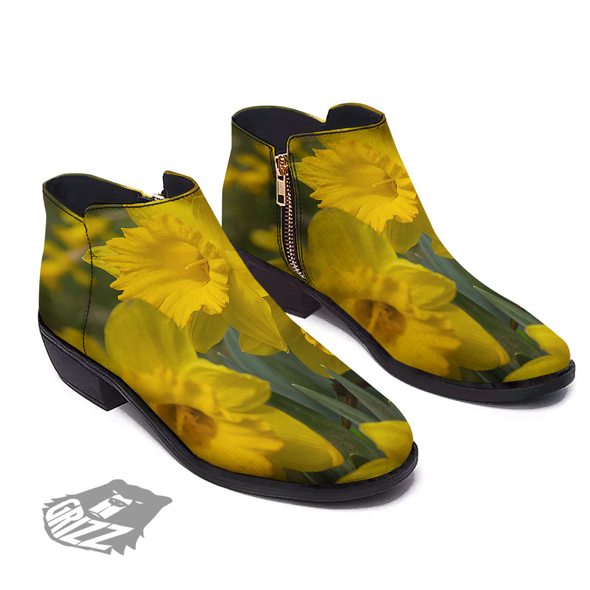 Flower Daffodil Yellow Print Ankle Boots-grizzshop