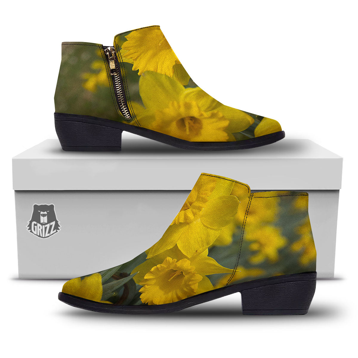 Flower Daffodil Yellow Print Ankle Boots-grizzshop