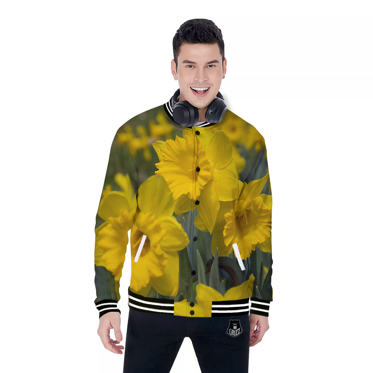 Flower Daffodil Yellow Print Baseball Jacket-grizzshop
