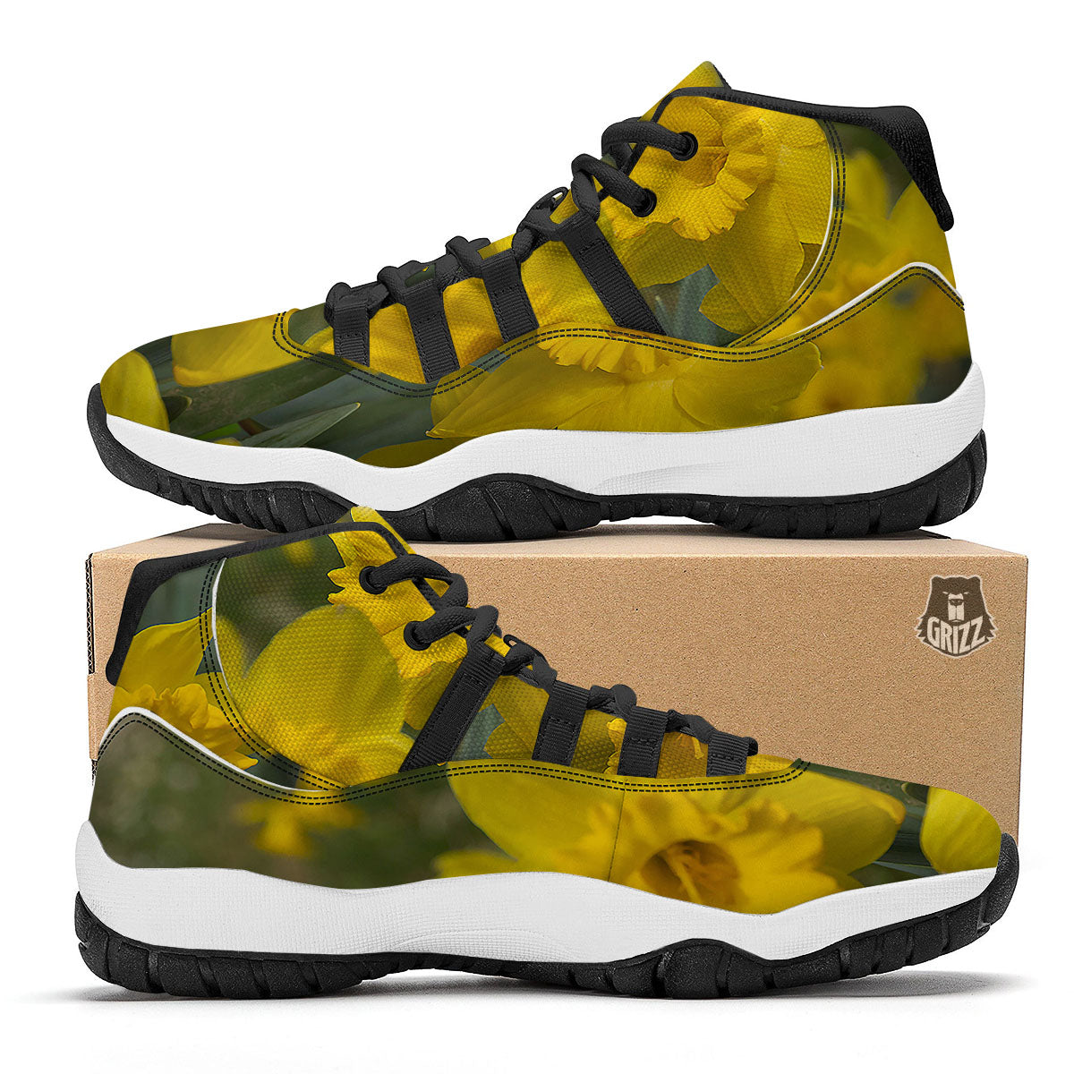 Flower Daffodil Yellow Print Black Bball Shoes-grizzshop