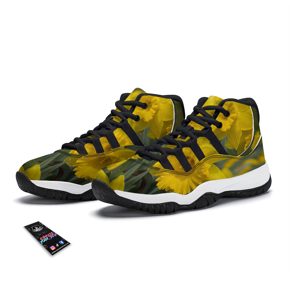 Flower Daffodil Yellow Print Black Bball Shoes-grizzshop