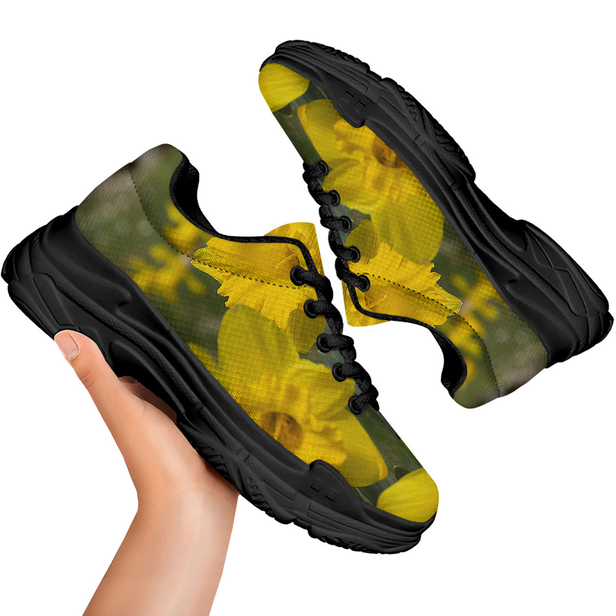 Flower Daffodil Yellow Print Black Chunky Shoes-grizzshop