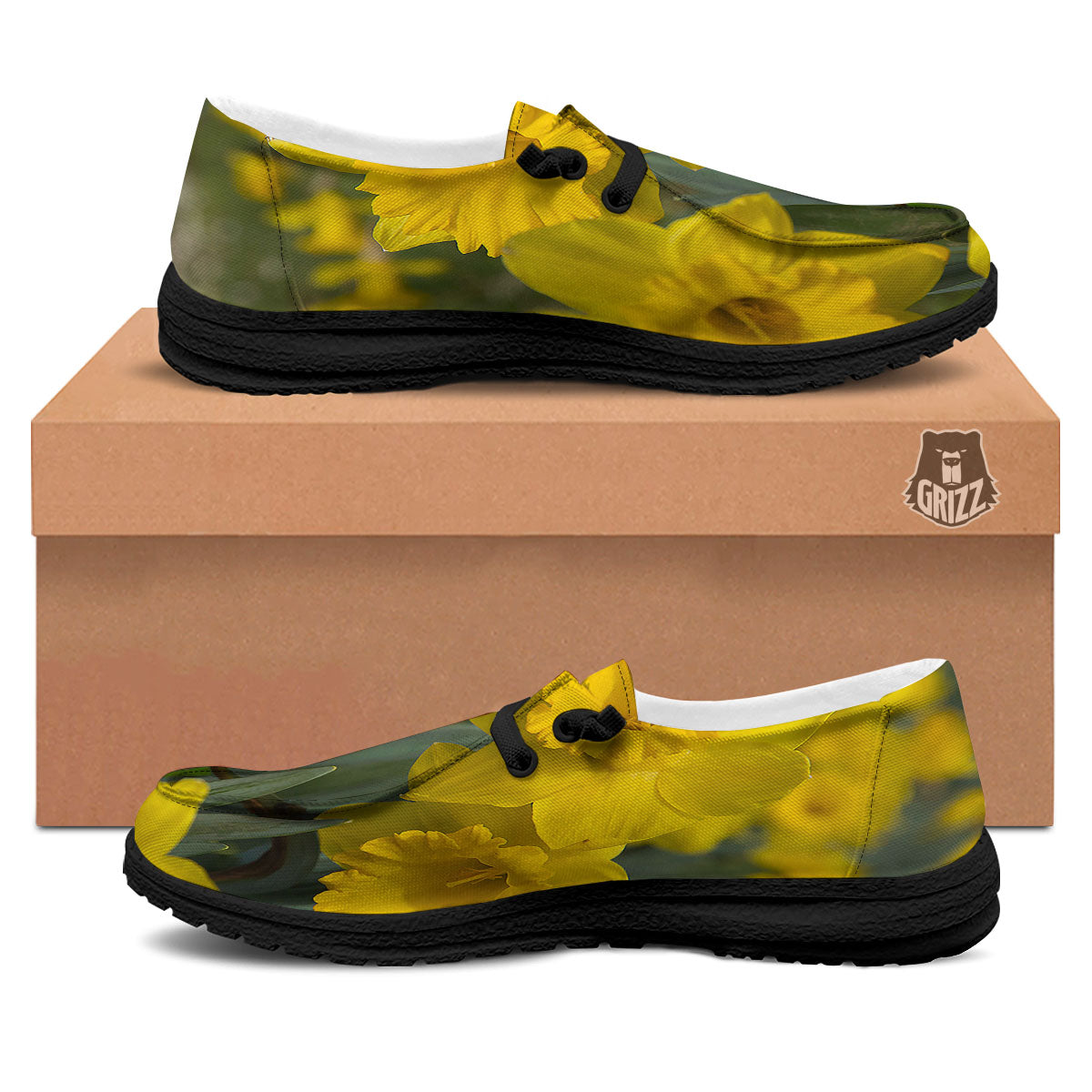 Flower Daffodil Yellow Print Black Loafers-grizzshop