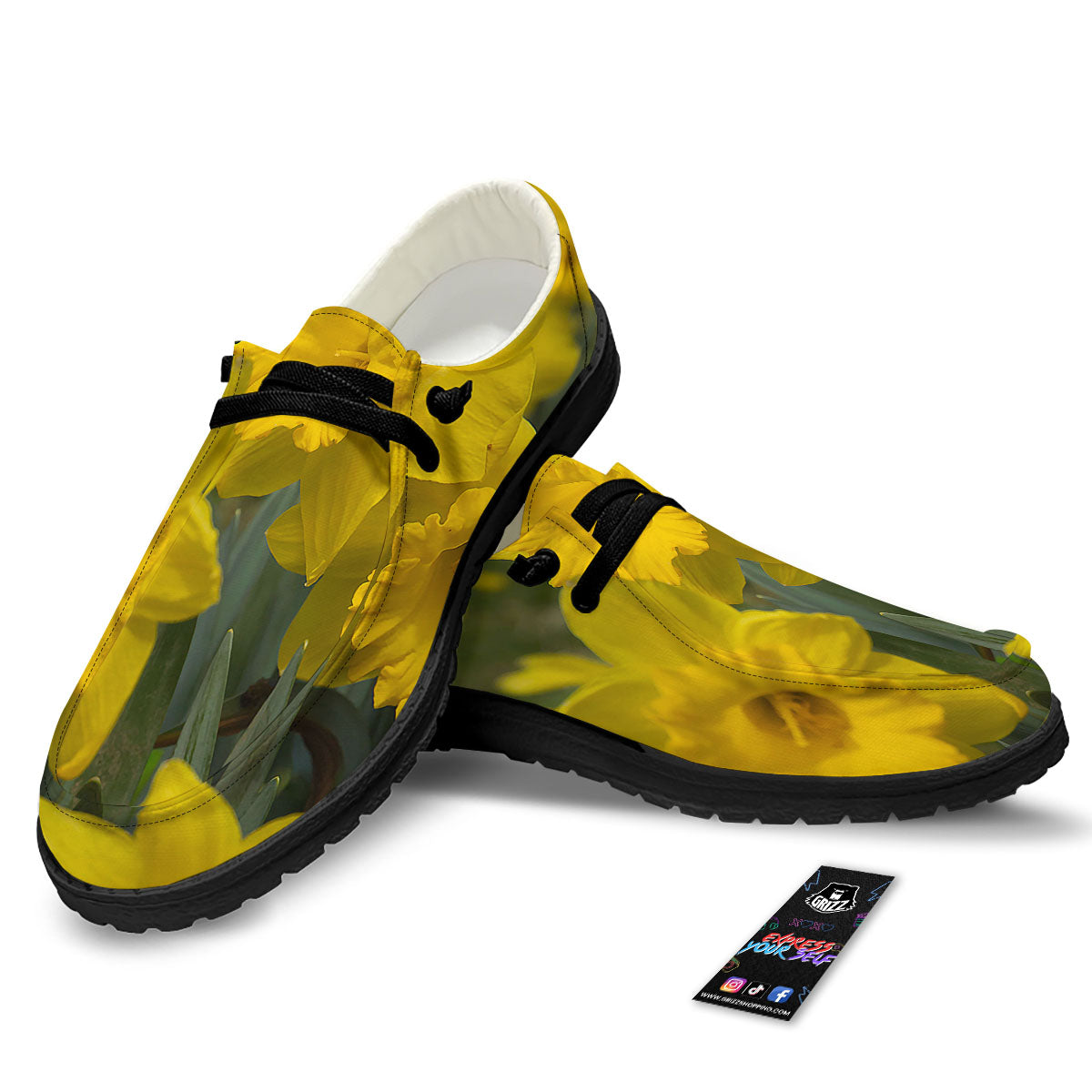 Flower Daffodil Yellow Print Black Loafers-grizzshop