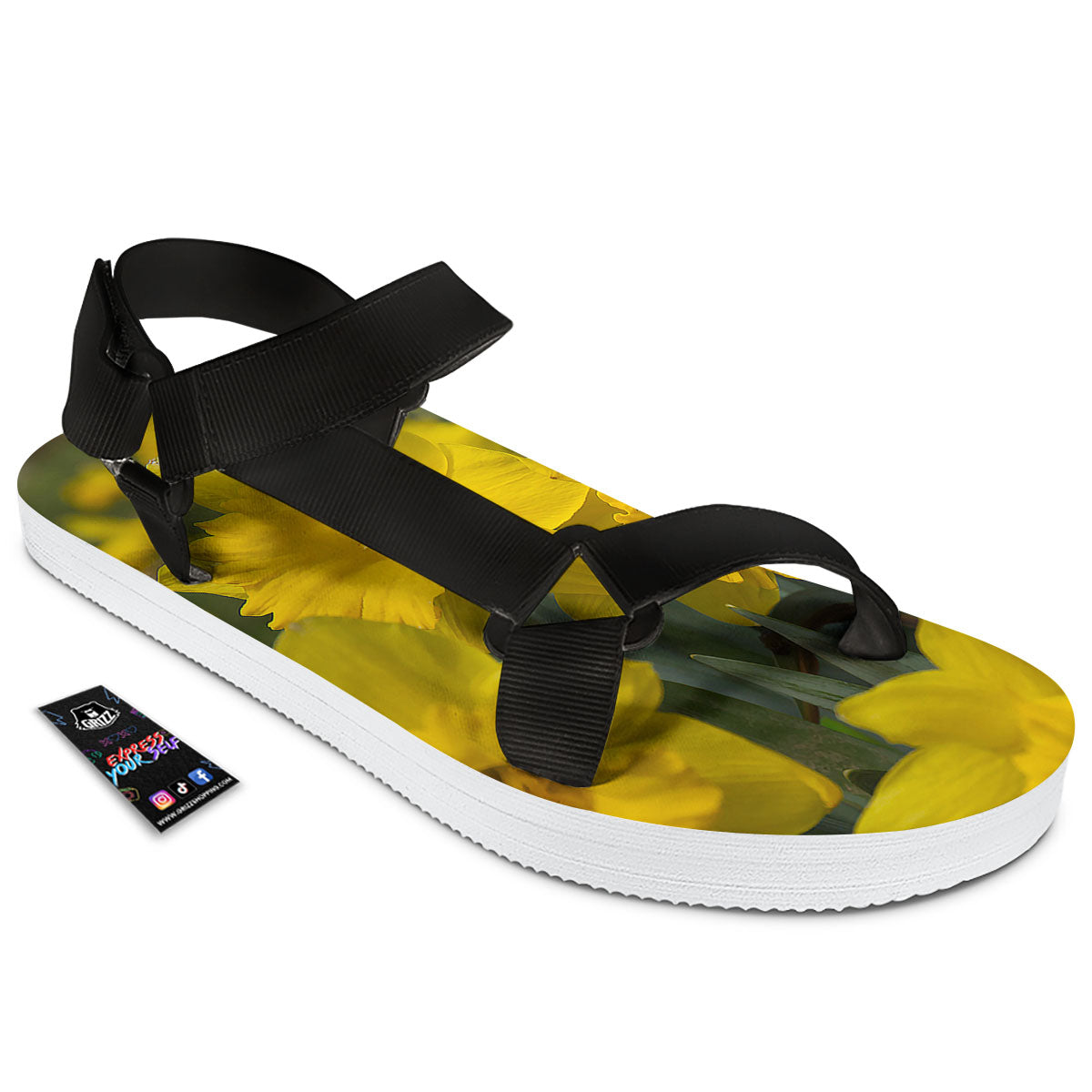 Flower Daffodil Yellow Print Black Open Toe Sandals-grizzshop