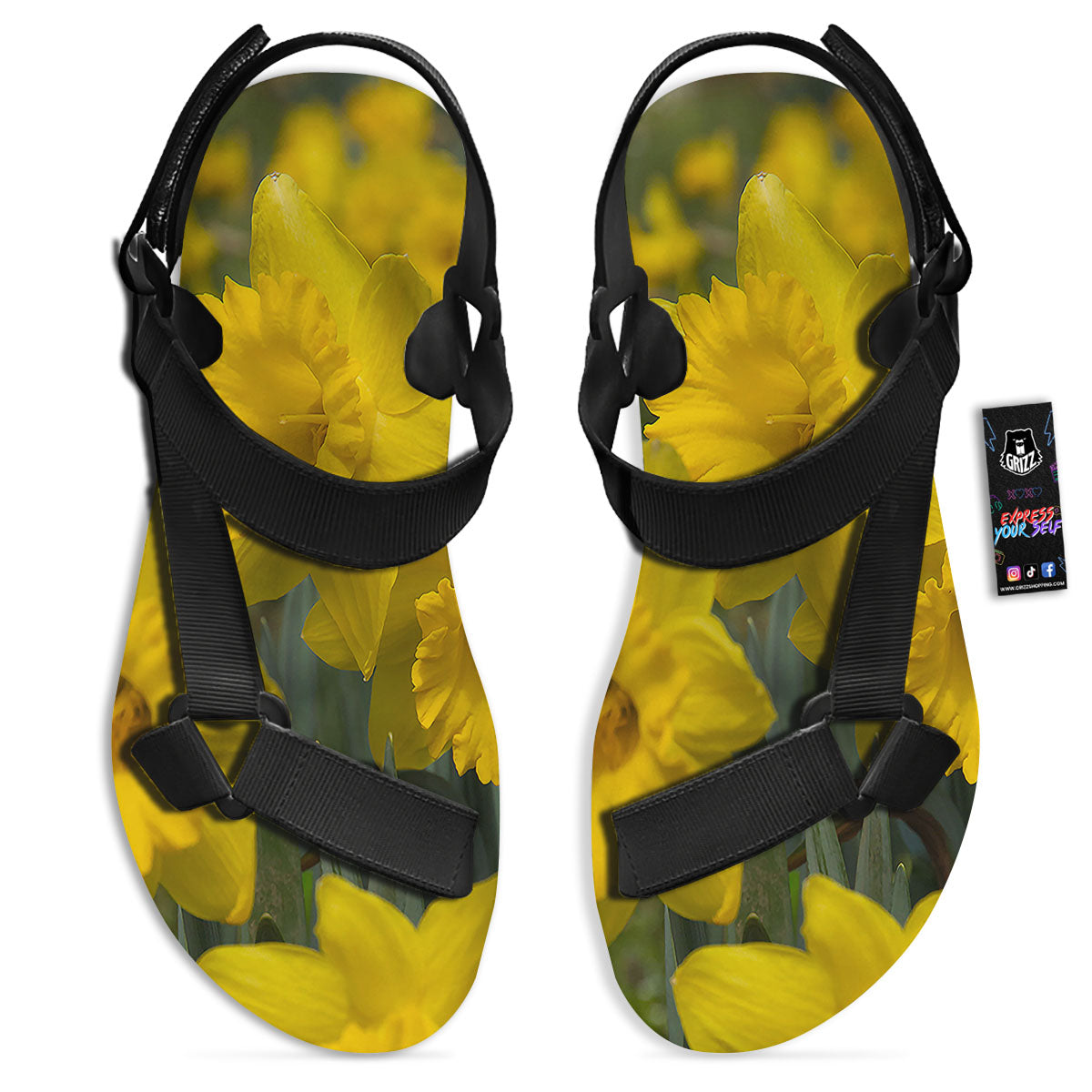 Flower Daffodil Yellow Print Black Open Toe Sandals-grizzshop
