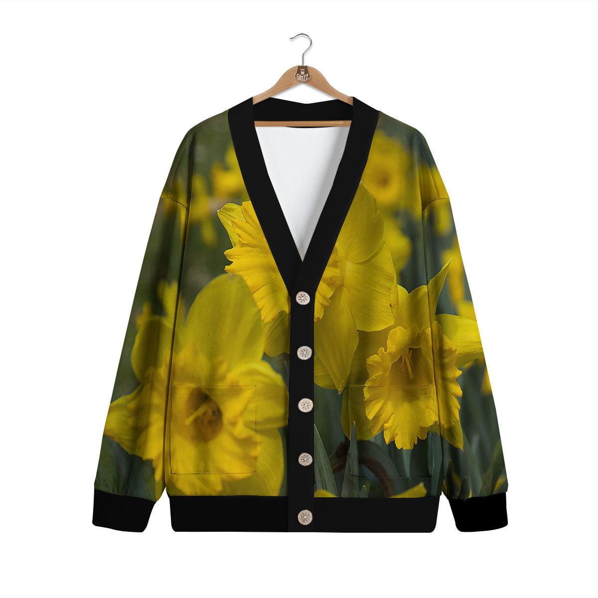 Flower Daffodil Yellow Print Cardigan-grizzshop