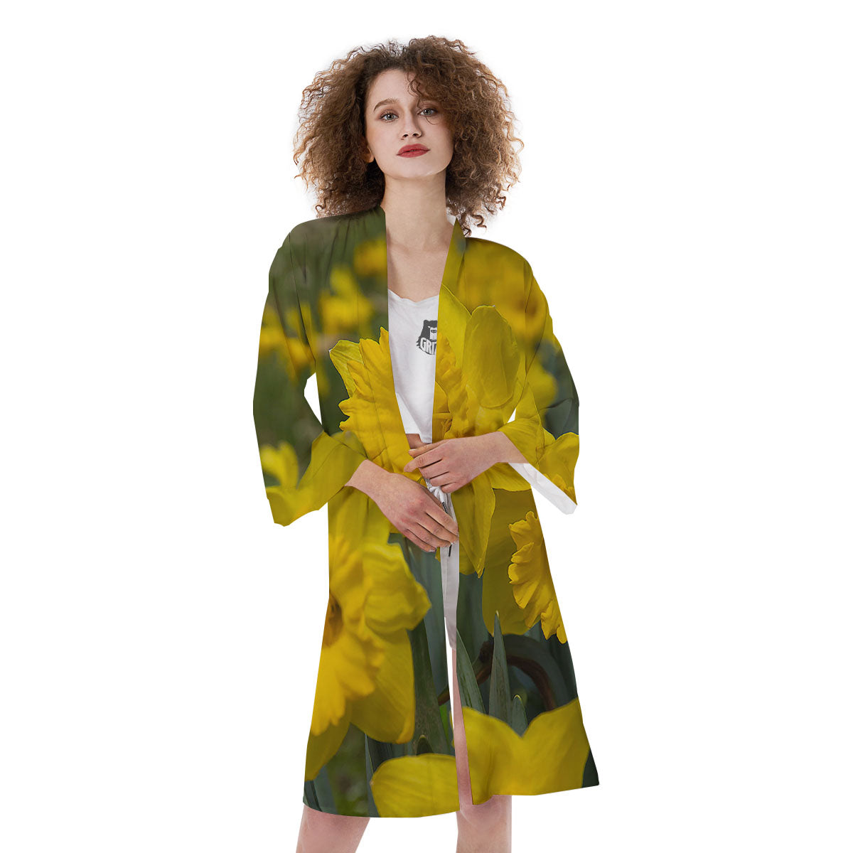 Flower Daffodil Yellow Print Kimono-grizzshop