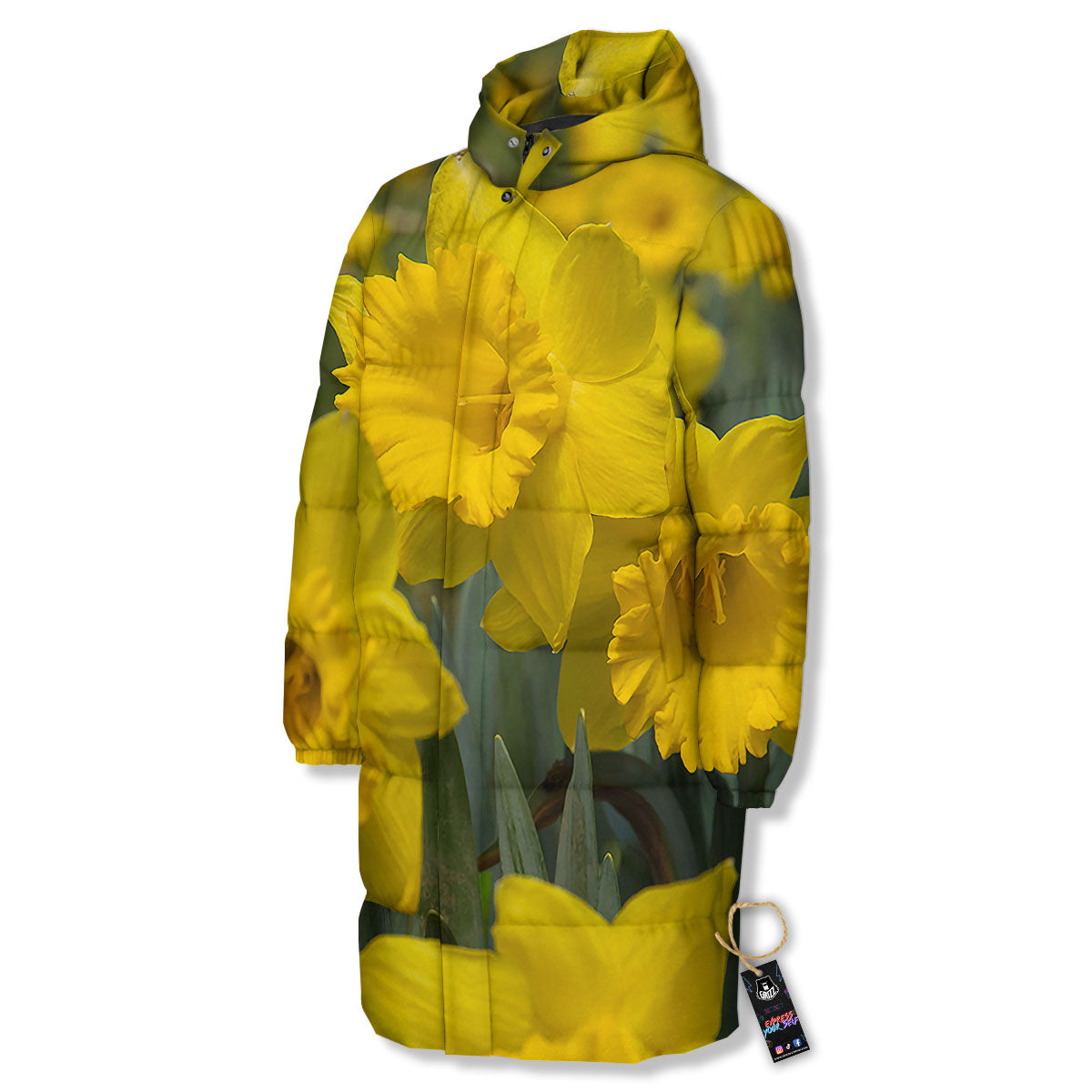 Flower Daffodil Yellow Print Long Down Jacket-grizzshop