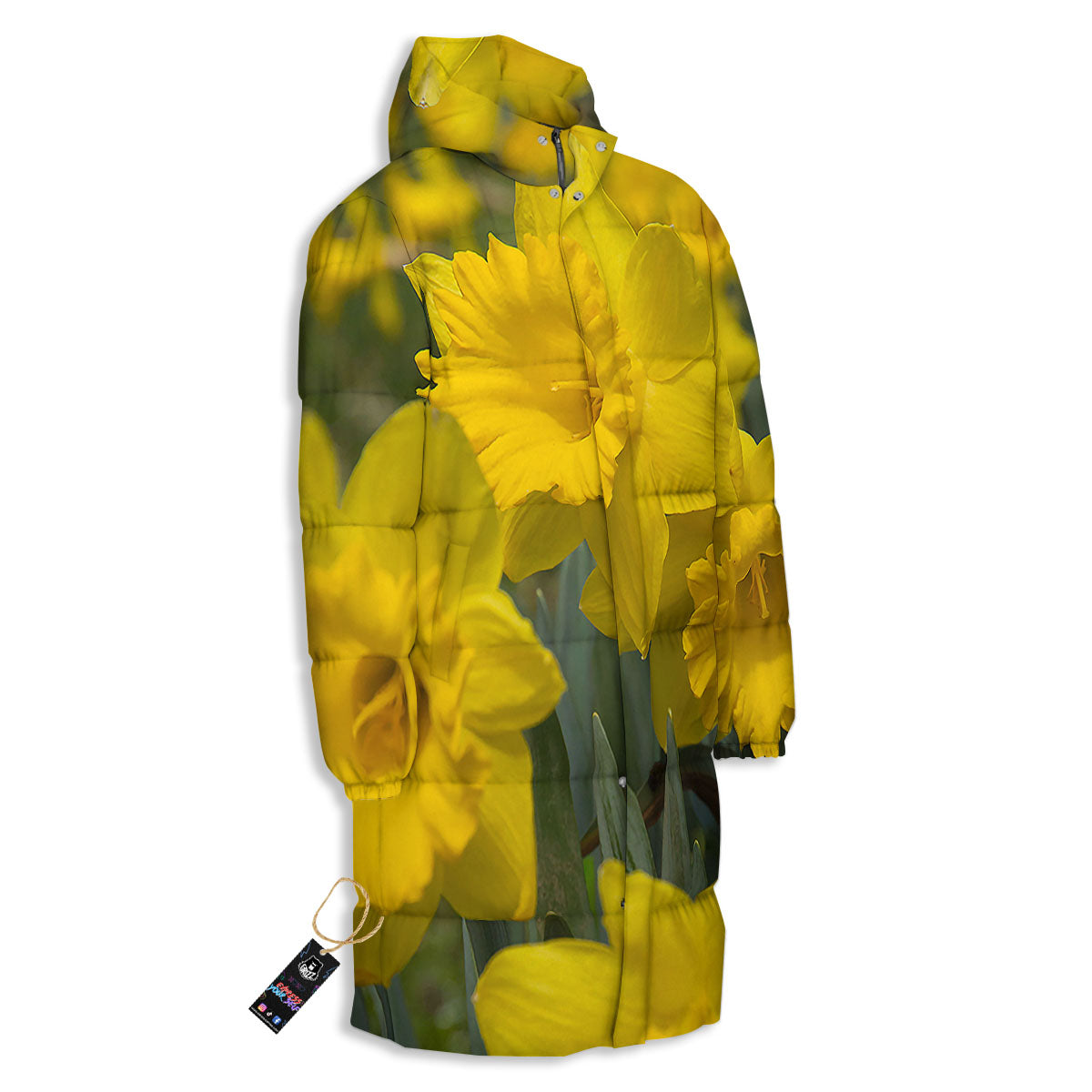 Flower Daffodil Yellow Print Long Down Jacket-grizzshop