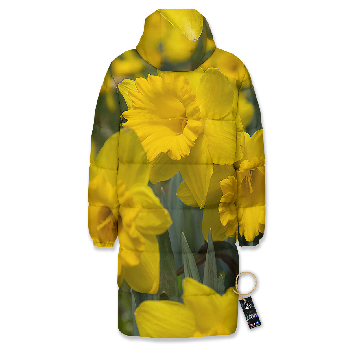 Flower Daffodil Yellow Print Long Down Jacket-grizzshop