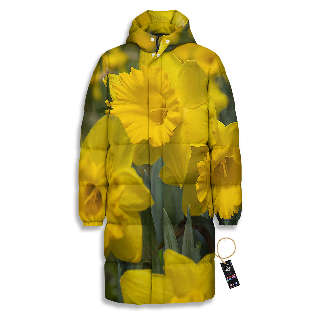 Flower Daffodil Yellow Print Long Down Jacket-grizzshop