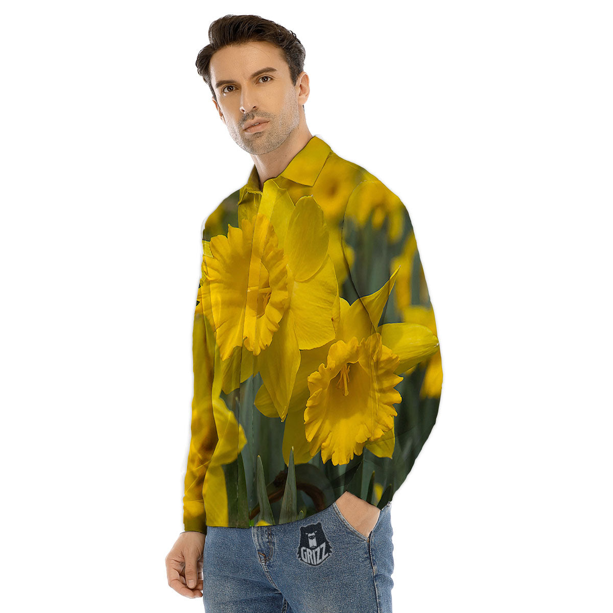 Flower Daffodil Yellow Print Men's Dress Shirts-grizzshop