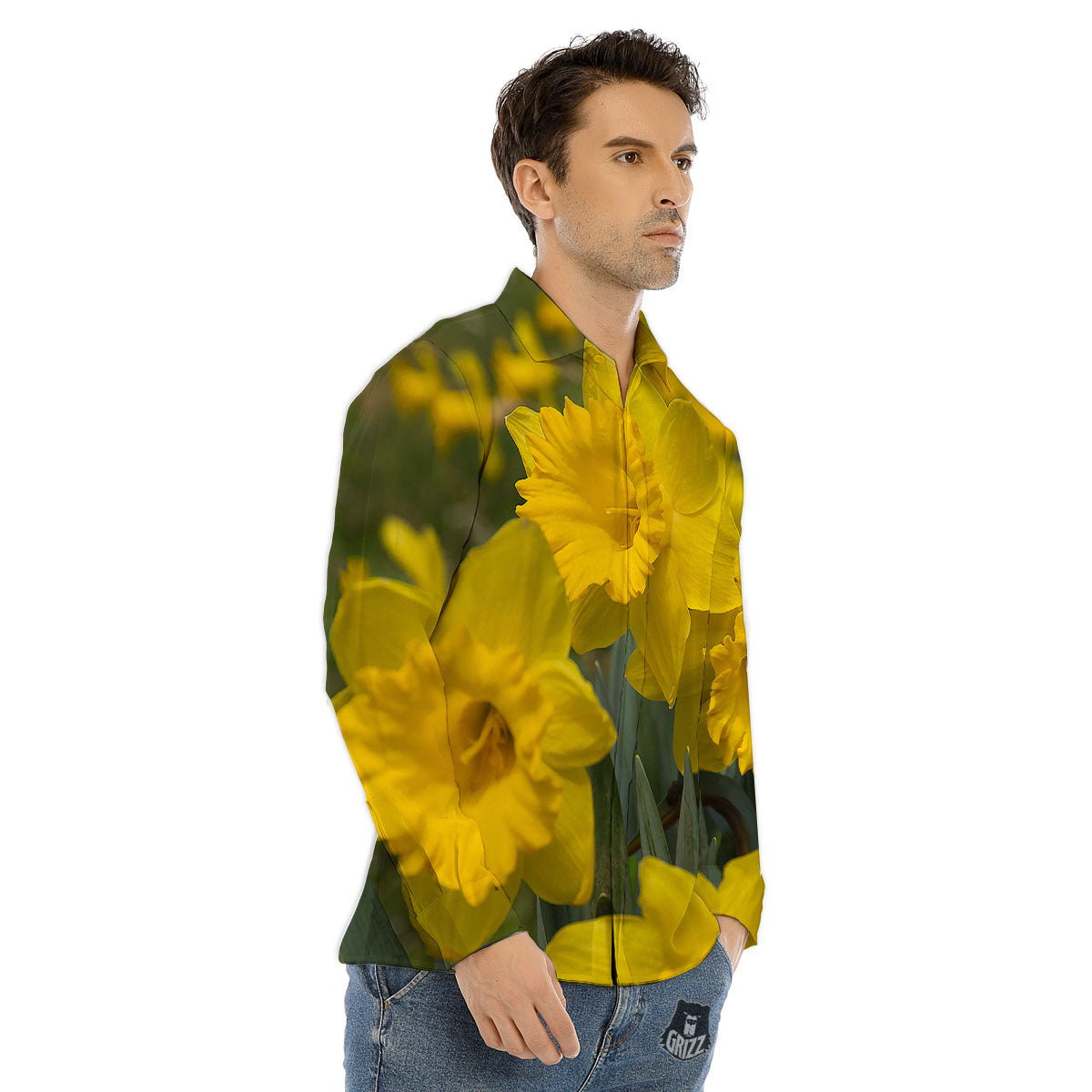 Flower Daffodil Yellow Print Men's Dress Shirts-grizzshop