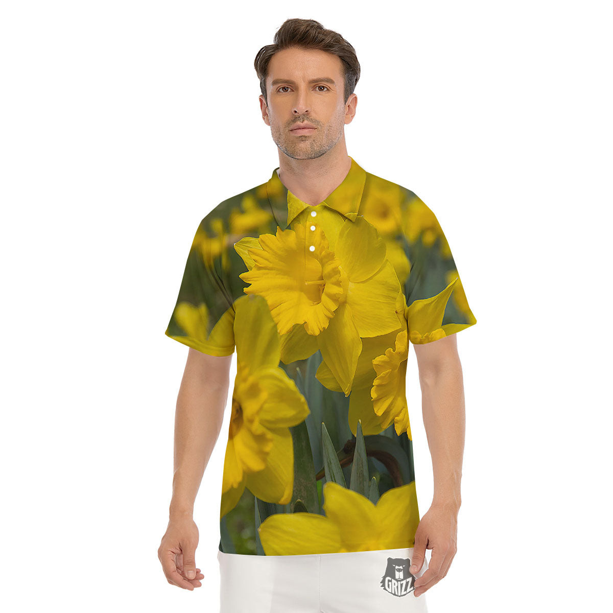 Flower Daffodil Yellow Print Men's Golf Shirts-grizzshop