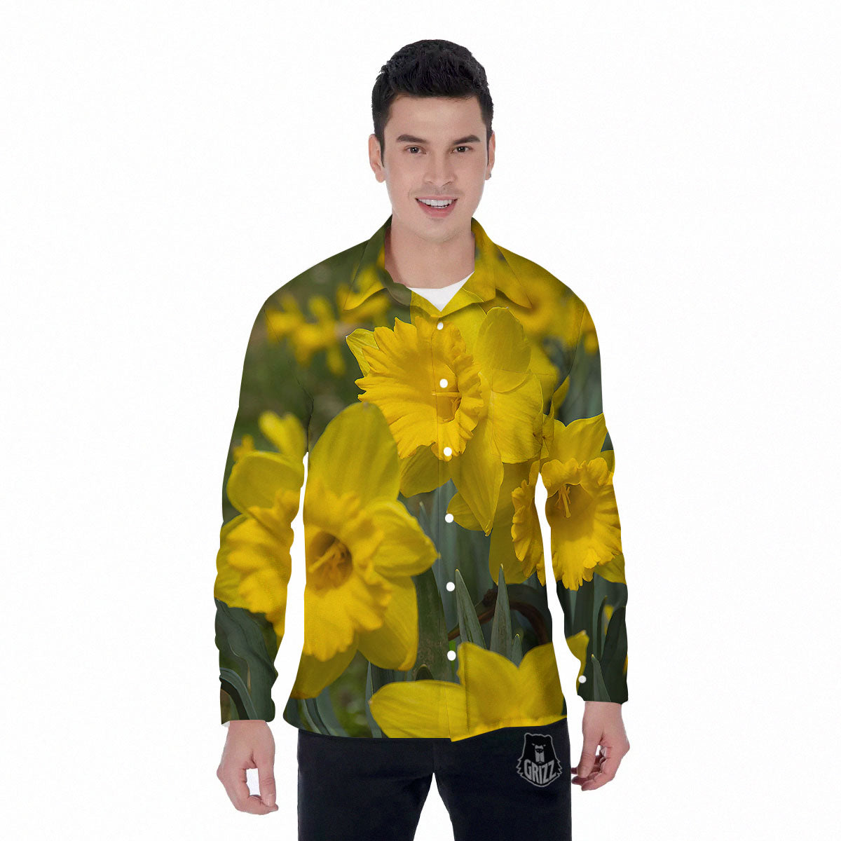 Flower Daffodil Yellow Print Men's Long Sleeve Shirts-grizzshop