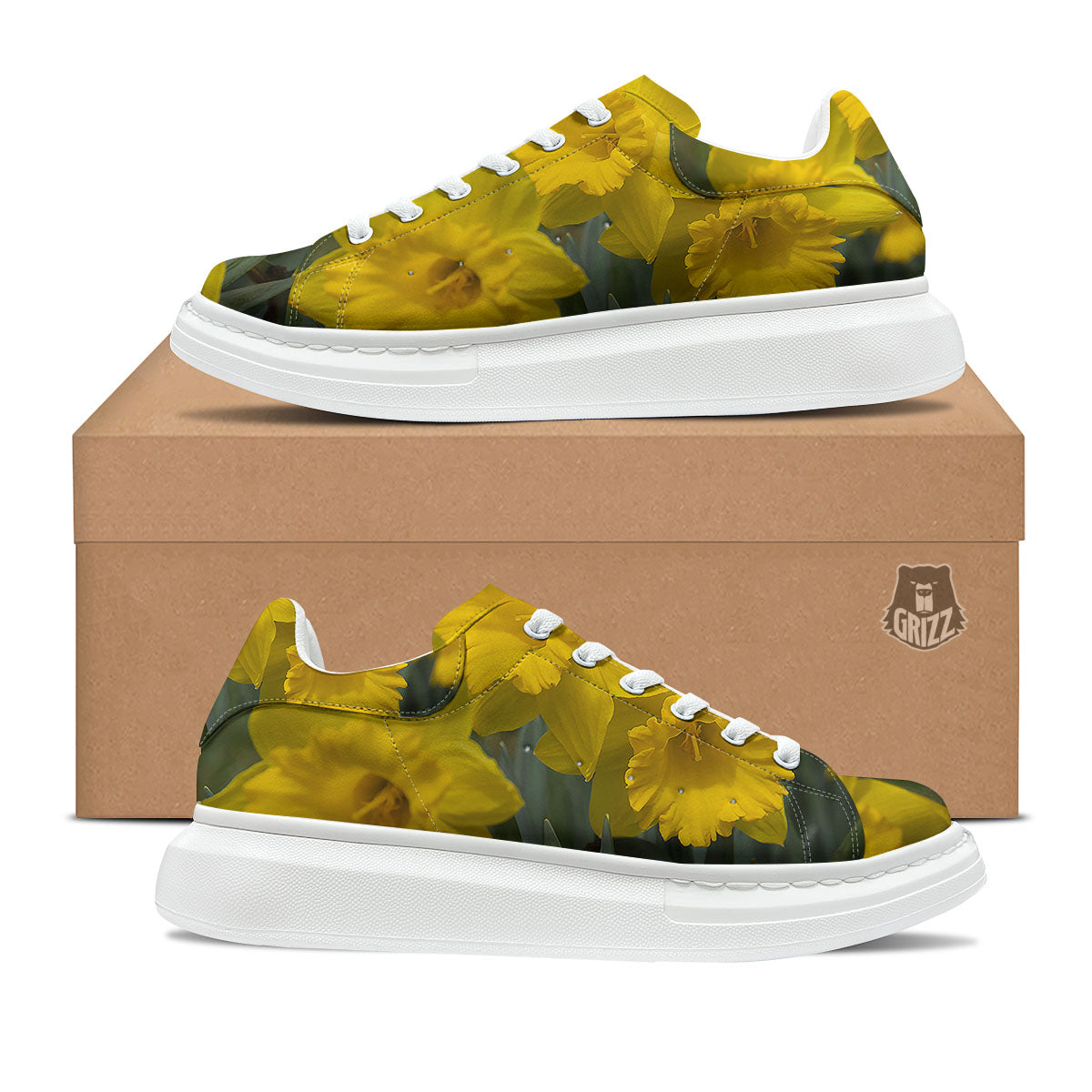 Flower Daffodil Yellow Print Platform Shoes-grizzshop