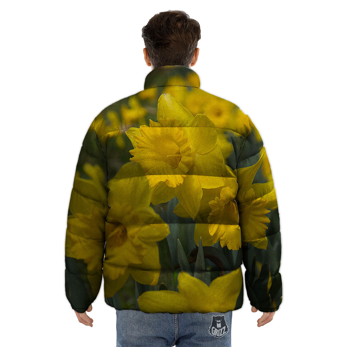 Flower Daffodil Yellow Print Puffer Jacket-grizzshop